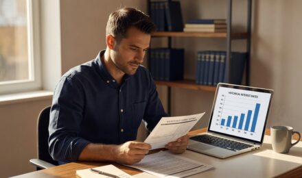 Person reviewing personal loan interest rates on a laptop with financial documents nearby