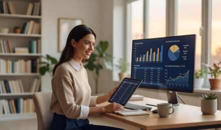 Person reviewing index fund options on a laptop with stock market charts in the background