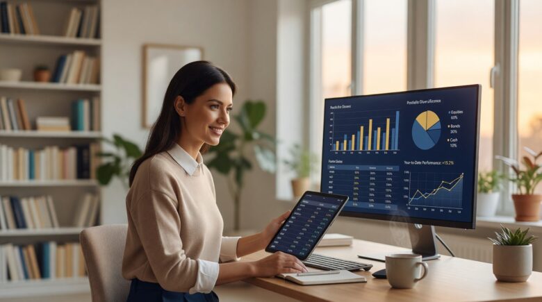 Person reviewing index fund options on a laptop with stock market charts in the background