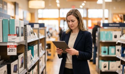 Person comparing prices on a laptop and phone deciding when to buy on sale