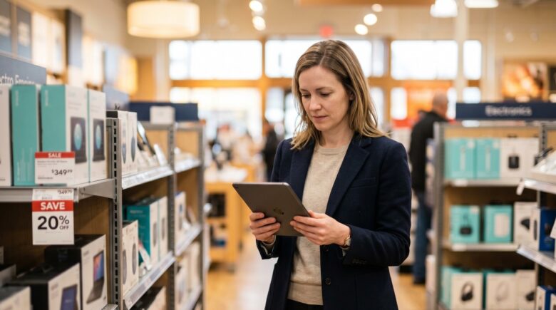 Person comparing prices on a laptop and phone deciding when to buy on sale