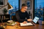 Person in their 40s reviewing alternative investment options on a laptop with financial charts and documents on a desk