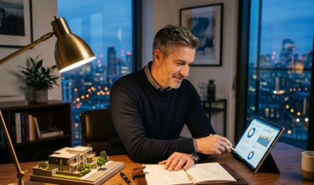 Person in their 40s reviewing alternative investment options on a laptop with financial charts and documents on a desk