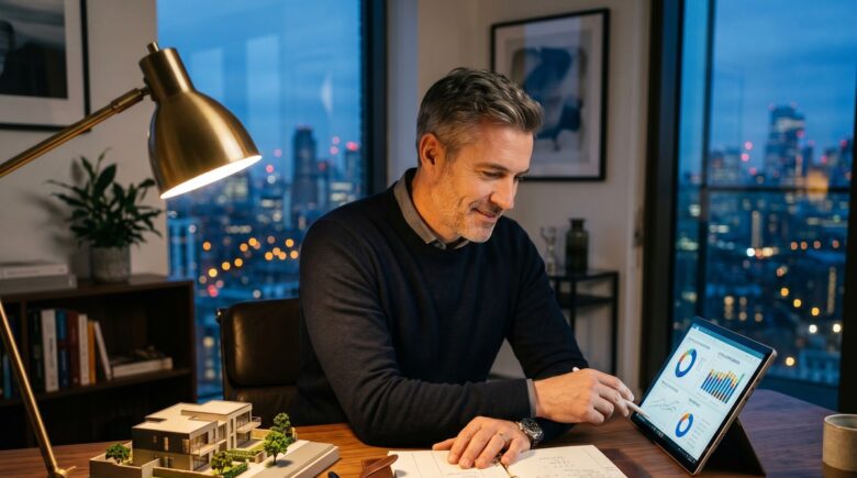 Person in their 40s reviewing alternative investment options on a laptop with financial charts and documents on a desk
