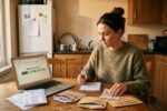 Person placing coins into a glass jar labeled emergency fund while reviewing a monthly budget on a notebook