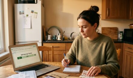 Person placing coins into a glass jar labeled emergency fund while reviewing a monthly budget on a notebook