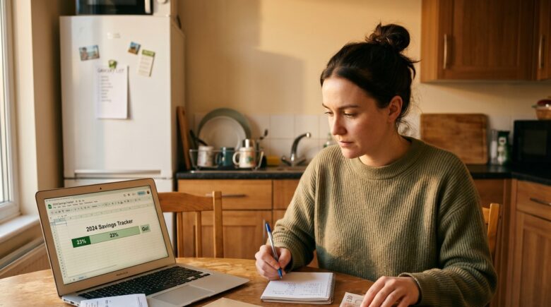 Person placing coins into a glass jar labeled emergency fund while reviewing a monthly budget on a notebook