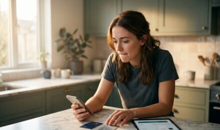 Person comparing buy now pay later and credit card options on a smartphone and wallet