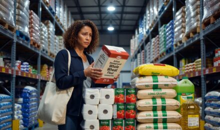 Shopping cart filled with bulk items in a warehouse store illustrating common buying in bulk mistakes