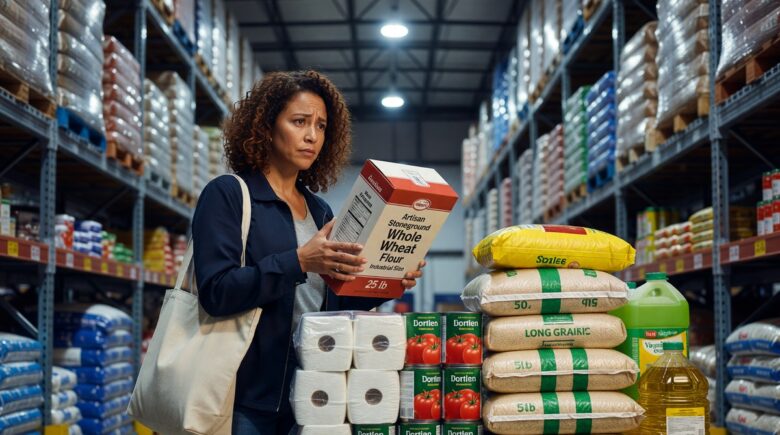 Shopping cart filled with bulk items in a warehouse store illustrating common buying in bulk mistakes