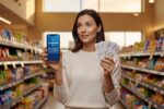 Person comparing cash back rewards app and paper coupons while shopping to save money