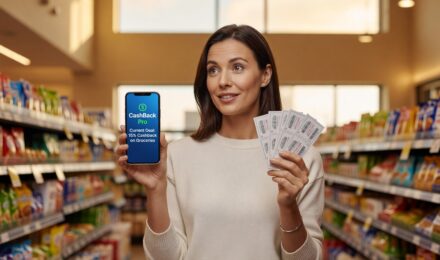 Person comparing cash back rewards app and paper coupons while shopping to save money