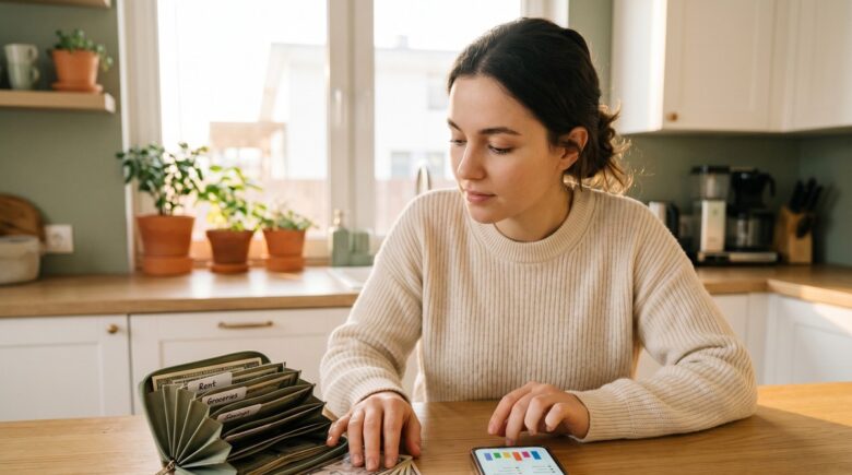 Person comparing cash stuffing envelopes and a digital budgeting app on a smartphone