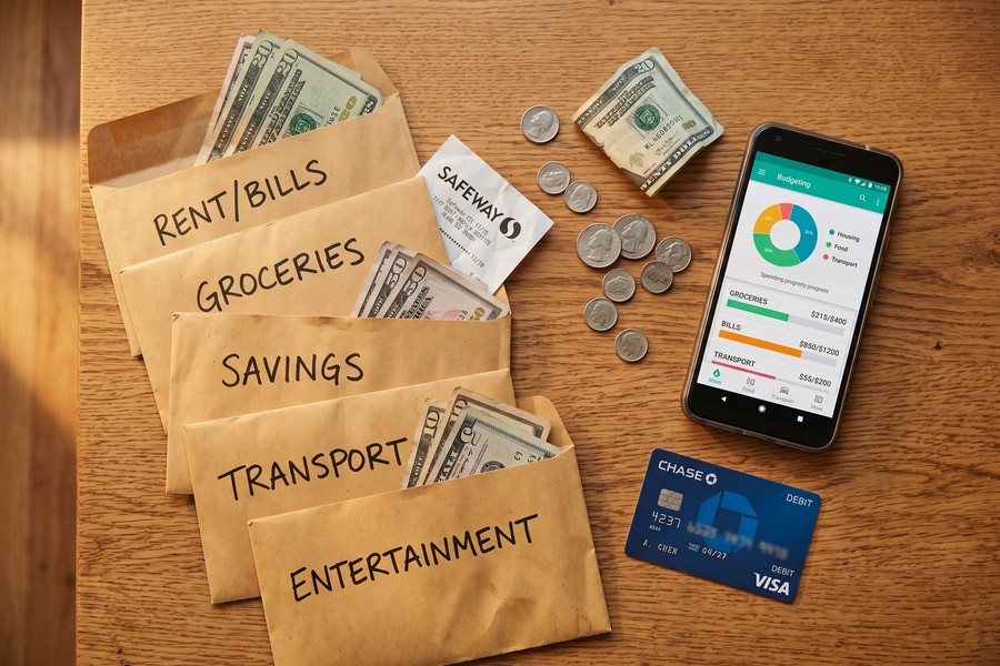 Person sorting cash into labeled envelopes for monthly budget categories