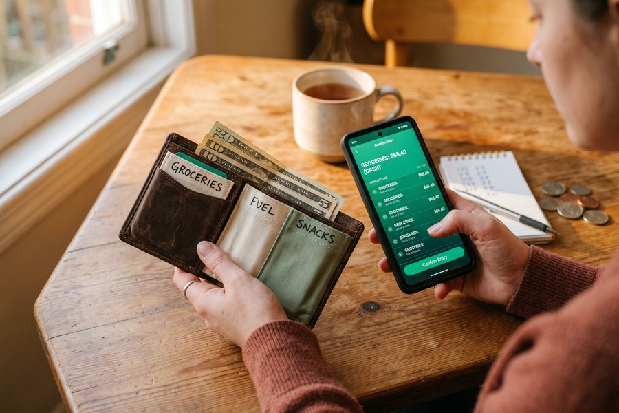 Hybrid budget setup showing cash envelopes next to a laptop with a budgeting app dashboard