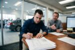 Person reviewing auto loan documents and avoiding costly car loan mistakes