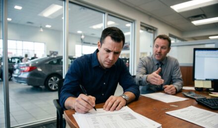 Person reviewing auto loan documents and avoiding costly car loan mistakes