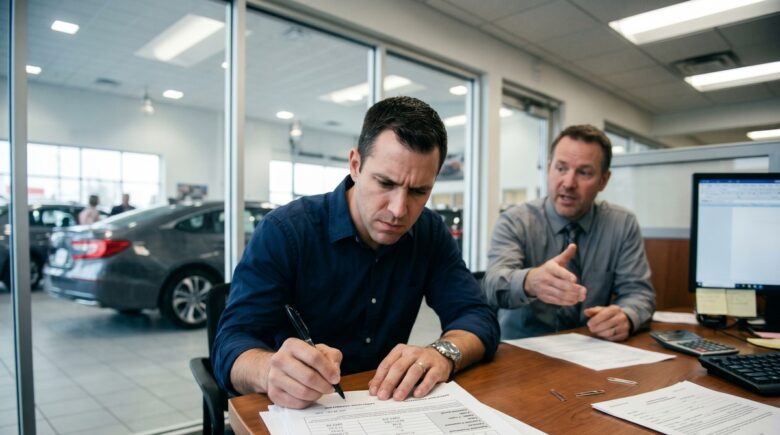 Person reviewing auto loan documents and avoiding costly car loan mistakes