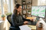 Investor reviewing DRIP investing strategy with dividend growth chart on laptop