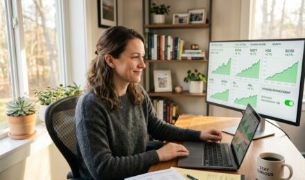 Investor reviewing DRIP investing strategy with dividend growth chart on laptop