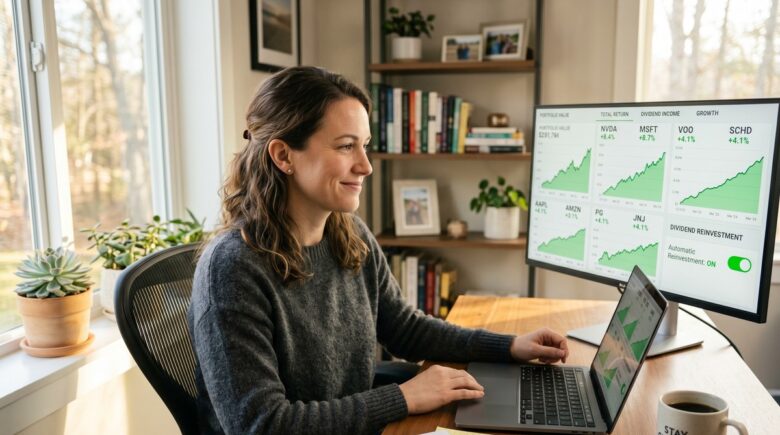 Investor reviewing DRIP investing strategy with dividend growth chart on laptop
