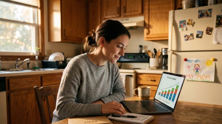 Single-income household couple reviewing budget and savings plan to build a 6-month emergency fund