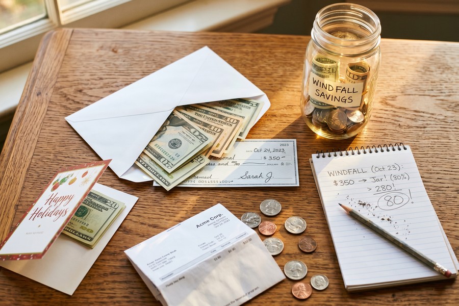 Infographic showing automated savings split: paycheck divided between checking, savings, and bills