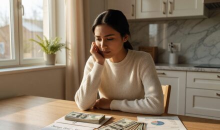 Person weighing options between emergency fund savings jar and investment growth chart