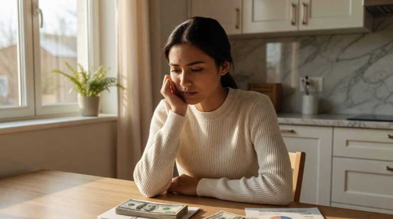 Person weighing options between emergency fund savings jar and investment growth chart