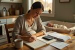 New parent reviewing budget and building a financial safety net on one income at home