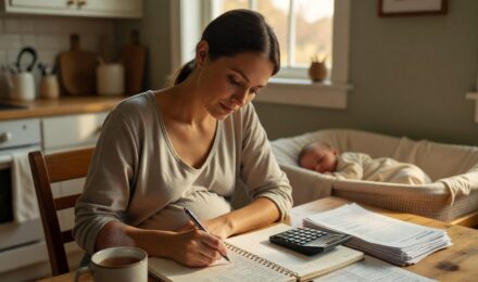 New parent reviewing budget and building a financial safety net on one income at home