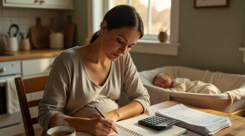 New parent reviewing budget and building a financial safety net on one income at home