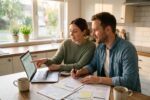 First-time homebuyer couple reviewing mortgage documents with a lender at a desk