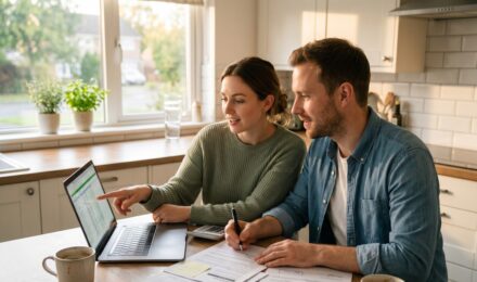 First-time homebuyer couple reviewing mortgage documents with a lender at a desk