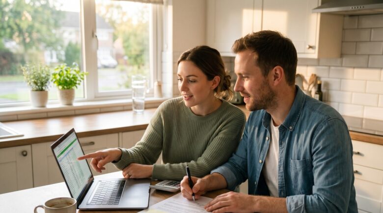 First-time homebuyer couple reviewing mortgage documents with a lender at a desk