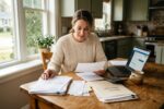 Homeowner reviewing tax deductions and paperwork at a desk with a calculator and house model