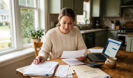 Homeowner reviewing tax deductions and paperwork at a desk with a calculator and house model