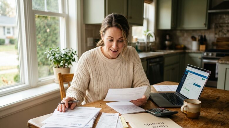 Homeowner reviewing tax deductions and paperwork at a desk with a calculator and house model