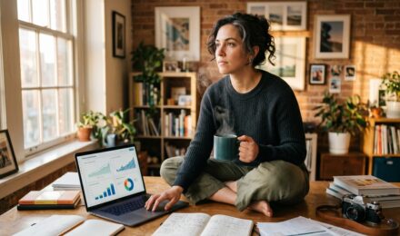 Freelancer building a long-term investment portfolio on a laptop without a 401k
