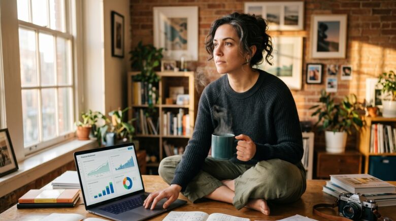 Freelancer building a long-term investment portfolio on a laptop without a 401k