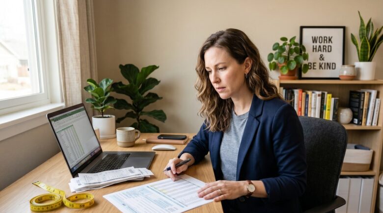 Person reviewing home office deduction mistakes on tax documents at a home desk
