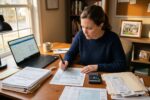 Homeowner reviewing tax documents and calculator at desk to avoid tax deduction mistakes