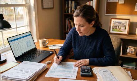 Homeowner reviewing tax documents and calculator at desk to avoid tax deduction mistakes