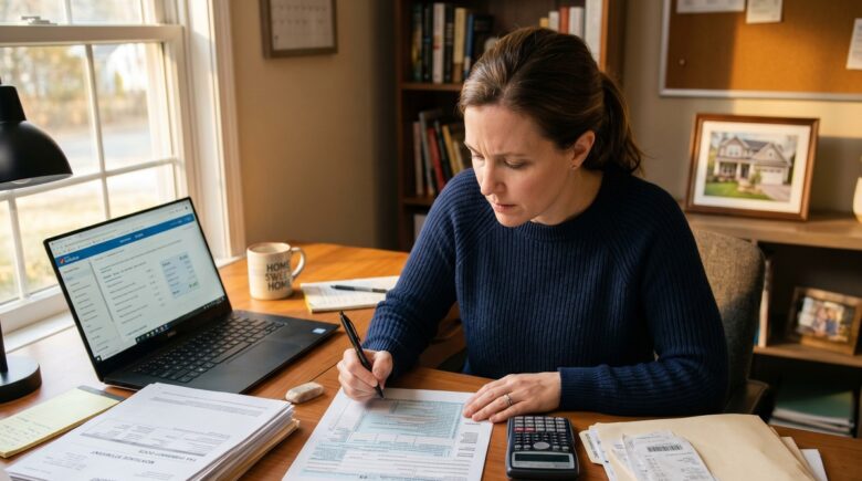 Homeowner reviewing tax documents and calculator at desk to avoid tax deduction mistakes