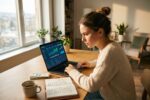 New graduate reviewing investment portfolio options on laptop with $5000 savings plan