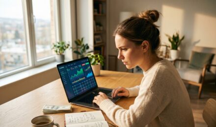 New graduate reviewing investment portfolio options on laptop with $5000 savings plan
