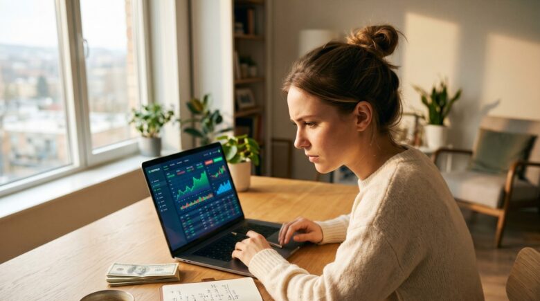 New graduate reviewing investment portfolio options on laptop with $5000 savings plan