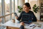 Side-by-side comparison of micro-investing apps and brokerage account platforms on a smartphone and laptop screen