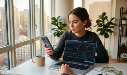 Side-by-side comparison of micro-investing apps and brokerage account platforms on a smartphone and laptop screen