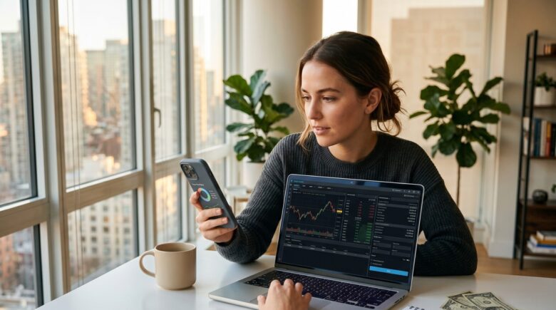 Side-by-side comparison of micro-investing apps and brokerage account platforms on a smartphone and laptop screen